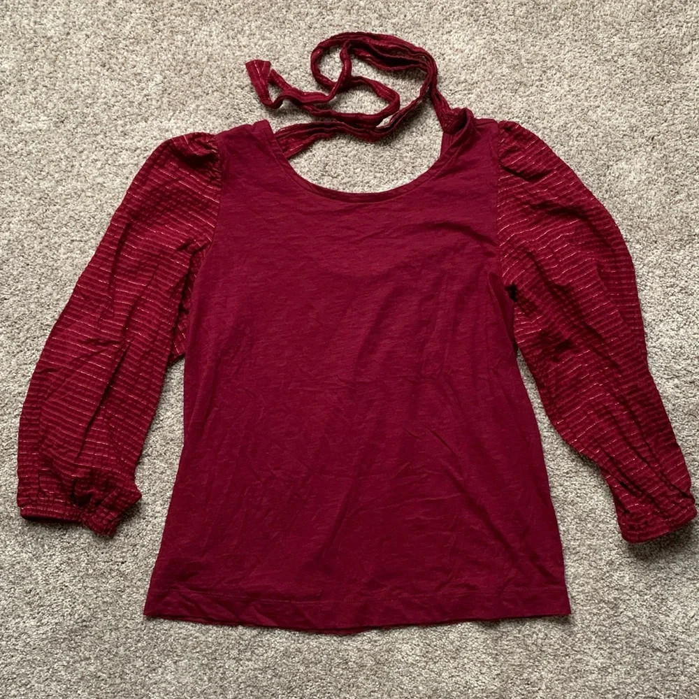 LOFT Women’s Shimmer Tie Back Mixed Media Top Blouson Plum Small